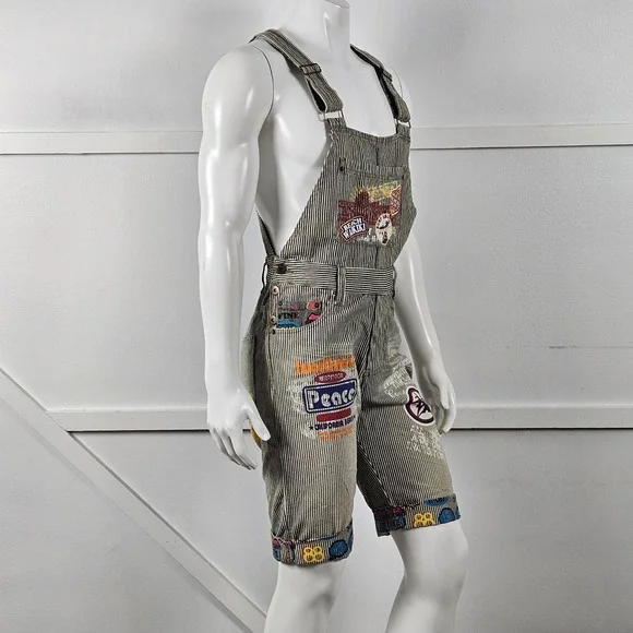 Clone Devgru Design Vintage Mens M Hickory Stripe Graphic Patch Short Overalls - Picture 4 of 8